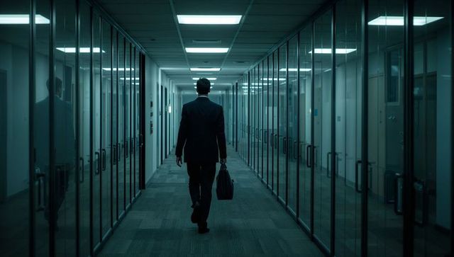 Executive walking glass corridor carrying briefcase in moody teal modern corporate hallway