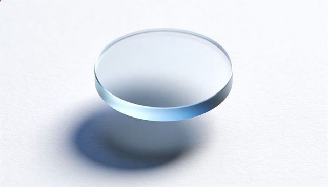 Beveled Optical Lens Floating Over White Paper Casting Soft Blue Shadow Minimalist Studio