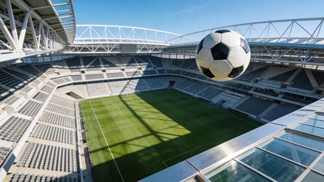 Floating soccer ball over sunlit modern stadium with empty stands and green pitch