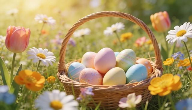 Pastel easter eggs in wicker basket on sunlit spring meadow with wildflowers
