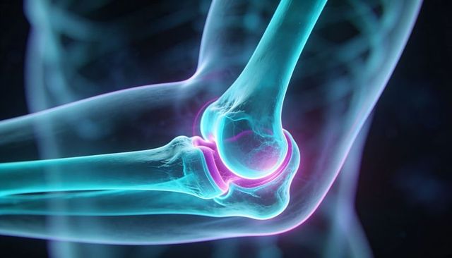 3d elbow joint visualization showing cartilage inflammation and bone anatomy in cyan-magenta