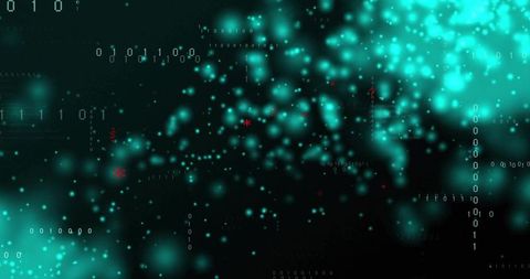 Teal Data Particle Network Drifting with Binary Code, Neon Glow and Digital Bokeh