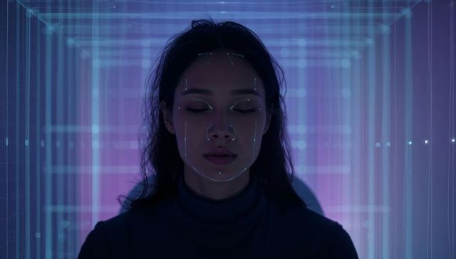 Asian woman undergoing facial tracking wearing high-neck top in neon holographic grid