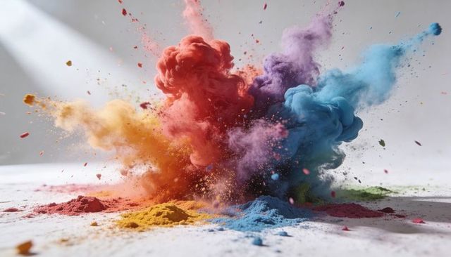 Bursting Multicolor Powder Explosion Creating Vibrant Pigment Clouds and Dust Motion