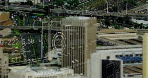 Futuristic Data Processing Interface in Urban Cityscape