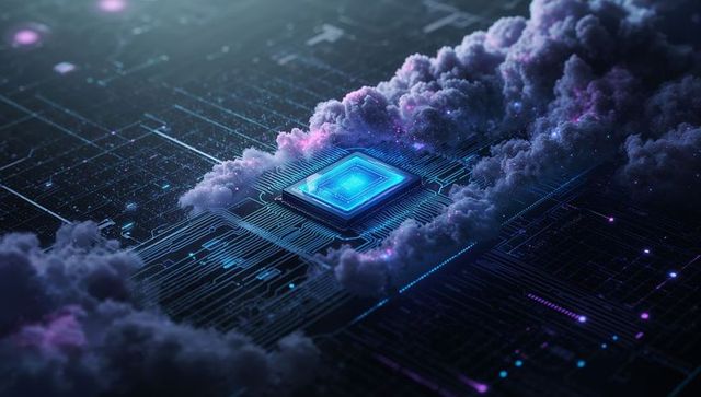 Neon cyan glowing ai microchip surrounded by purple nebula fog on futuristic circuit board