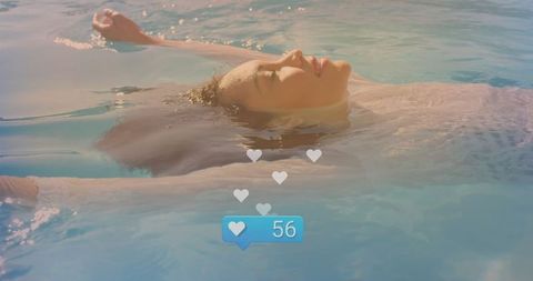 Woman Relaxing in Pool With Social Media Engagement Overlay