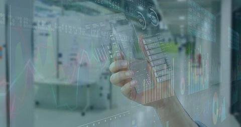 Hand Holding Smartphone Displaying Holographic Financial Charts and AR Dashboards