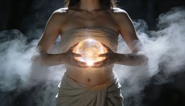 Female holding glowing golden orb over midriff surrounded by smoky mist, dramatic light