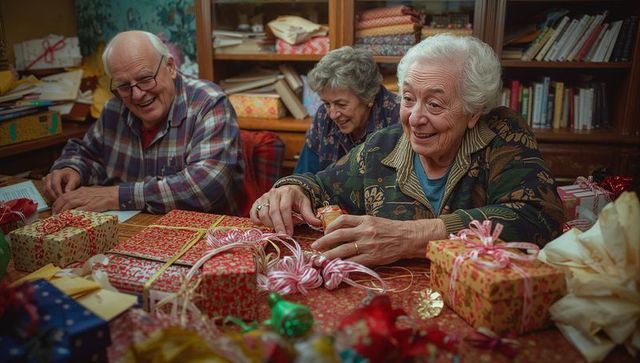 Elderly Friends Wrapping Gifts Together at Holiday Table