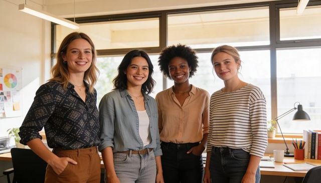 Collaborative female startup team standing and smiling in sunlit modern office space