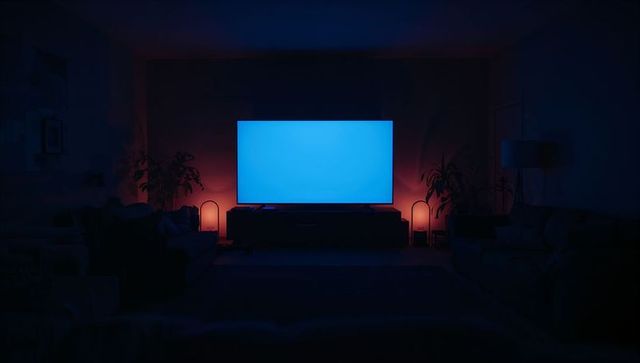 Minimalist living room backlit flat-screen tv displaying blue screen at night