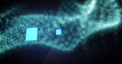Turquoise particle ribbon flow with glowing blue squares, futuristic digital data stream