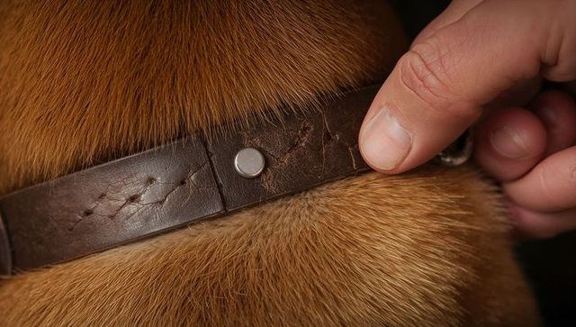 Closeup of hand adjusting worn leather dog collar on golden fur, pet care detail