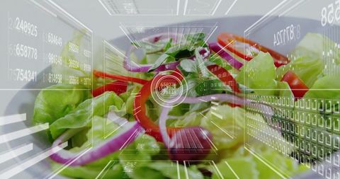 Fresh salad blending with futuristic hud overlay for smart nutrition and food tech