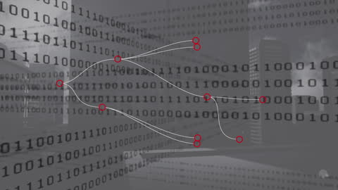 Binary Code Network Connections Over Building Cityscape