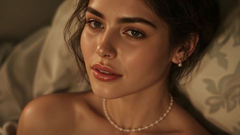 Elegant beautiful lady relaxing with pearl jewelry in luxurious bedroom