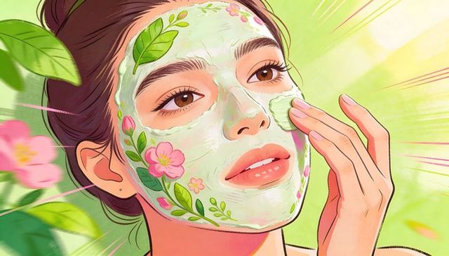 Woman applying botanical face mask with floral motifs and sunlit glow