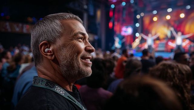 Senior Man Enjoying Live Concert with In-ear Monitor
