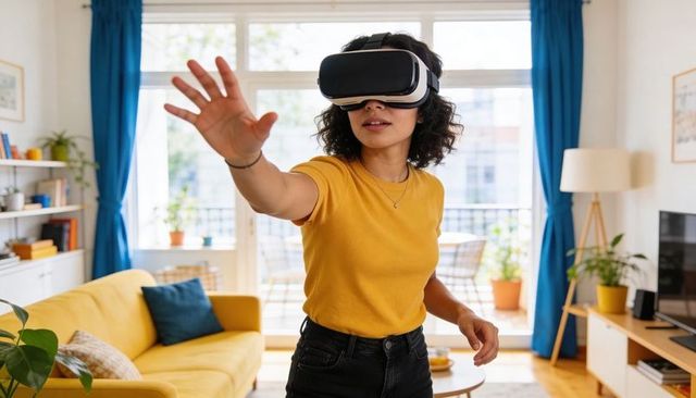 Young woman reaching while experiencing virtual reality at home with vr headset