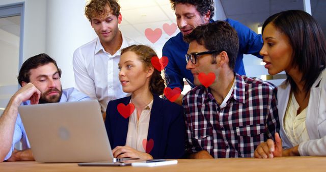 Group of colleagues working together around a laptop with heart icons, symbolizing collaboration and positive workspace. Suitable for business, technology, teamwork concepts, and office environment illustrations.