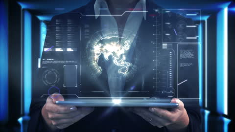 Businessman with Digital Interface Displaying Data Graphics