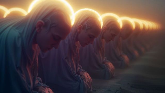 Mystical Ritual with Hooded Figures and Glowing Halos at Dusk