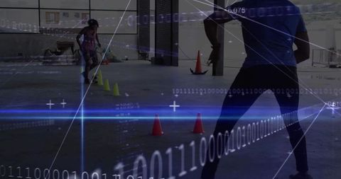 Coach guiding helmeted rider through cone slalom in industrial space with digital overlay