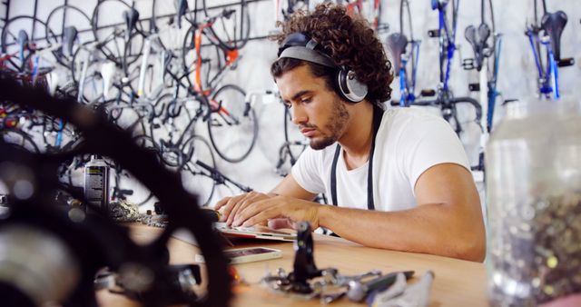 Focused Bicycle Mechanic Working at Repair Shop with Bicycle Gear Background - Download Free Stock Images Pikwizard.com