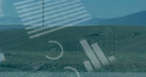 Overlay of Financial Graphs and Wind Turbine in Natural Landscape