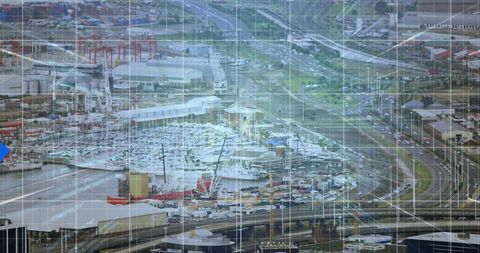 Financial Data Analysis Overlaying Cityscape with Digital Interface