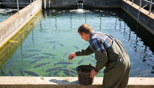 Aquaculture farmer feeding trout in outdoor hatchery raceway wearing waterproof waders