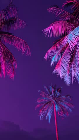Vertical Video: Neon Palm Trees Swaying Under Purple Sky with Cycling Light Highlights