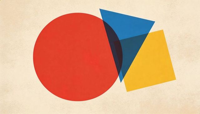 Bold overlapping red circle blue triangle yellow square on textured beige