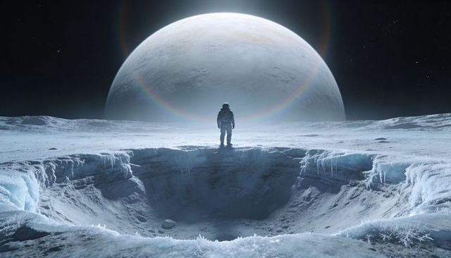 Astronaut surveying frozen crater on icy moon with massive haloed planet on horizon