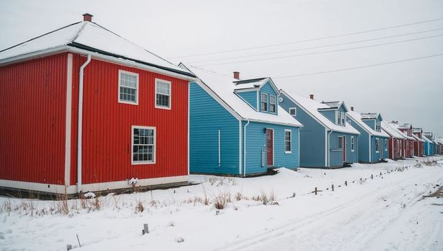 Colorful wooden houses lining snowy street in winter seaside row with red and blue facades