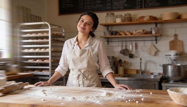 Smiling female baker kneading dough at artisanal sunlit bakery counter