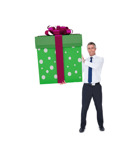 Stylish man holding giant transparent gift box with bow