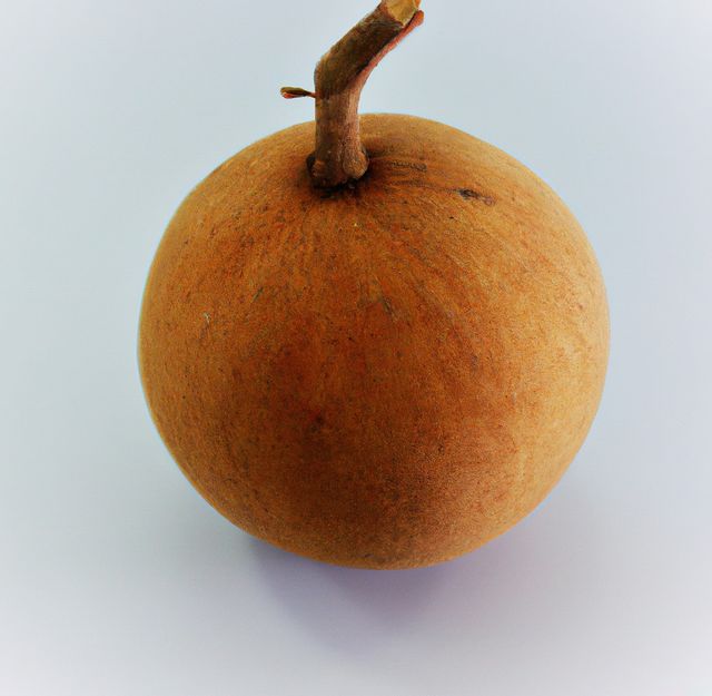 Close-up of single ripe sapodilla fruit with brown skin on white background. Ideal for nutrition, healthy eating and tropical fruit advertisements. Useful for food blogs, recipe sites, and educational purposes.