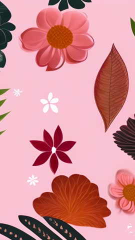 Looping botanical shapes and daisies rising on pink backdrop vertical loop animation