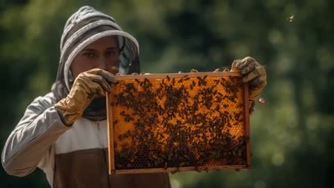Beekeeper Inspecting Honeycomb Frame and Worker Bees Up Close at Outdoor Apiary in Sunlight