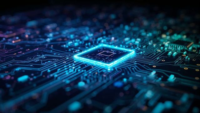 Neon-Blue Circuit Board Microchip with Glowing Effects