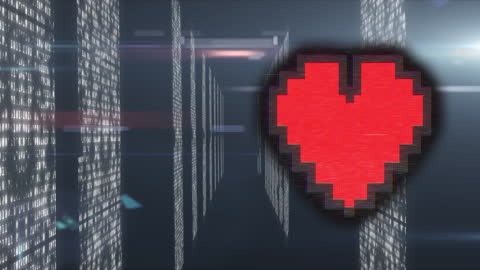 Pixelated Red Heart Symbol on Digital Data Background