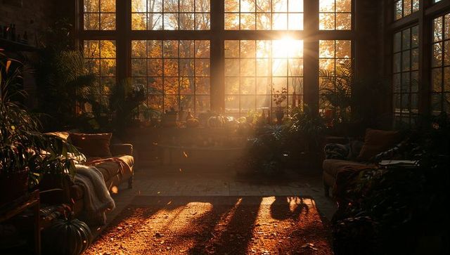 Golden Hour Loft Living Room with Sunbeams, Indoor Plants and Autumn Pumpkins, Rustic Cozy