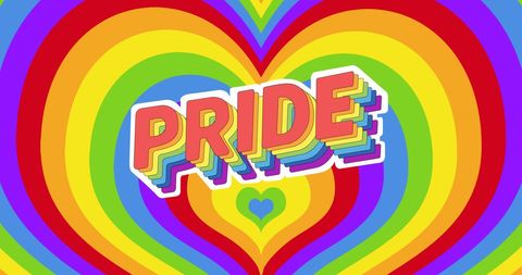 Bold Pride Text Over Layered Rainbow Hearts