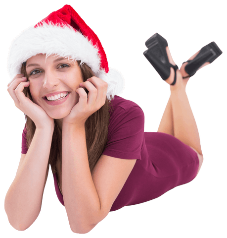 Festive Woman in Santa Hat Smiling Transparently on Floor