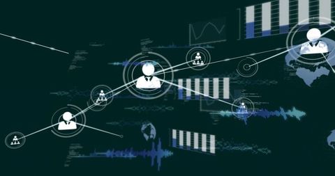 Central node expanding and connecting user icons with global data analytics dashboard