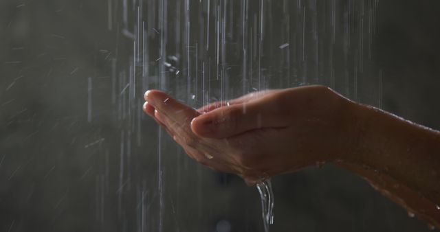 Outstretched hands are catching falling water droplets from gentle rain. Ideal for themes of nature, meditation, environmental conservation, and water resources. Suitable for blogs, magazines, or wellness campaigns highlighting the importance of clean water and tranquility.