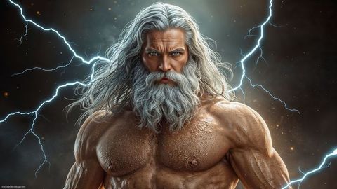 Powerful senior deity amid storm with lightning bolts