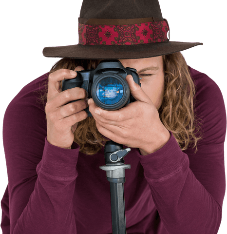 male photographer with long hair and hat using camera on tripod - transparent background - Download Free Stock Videos Pikwizard.com